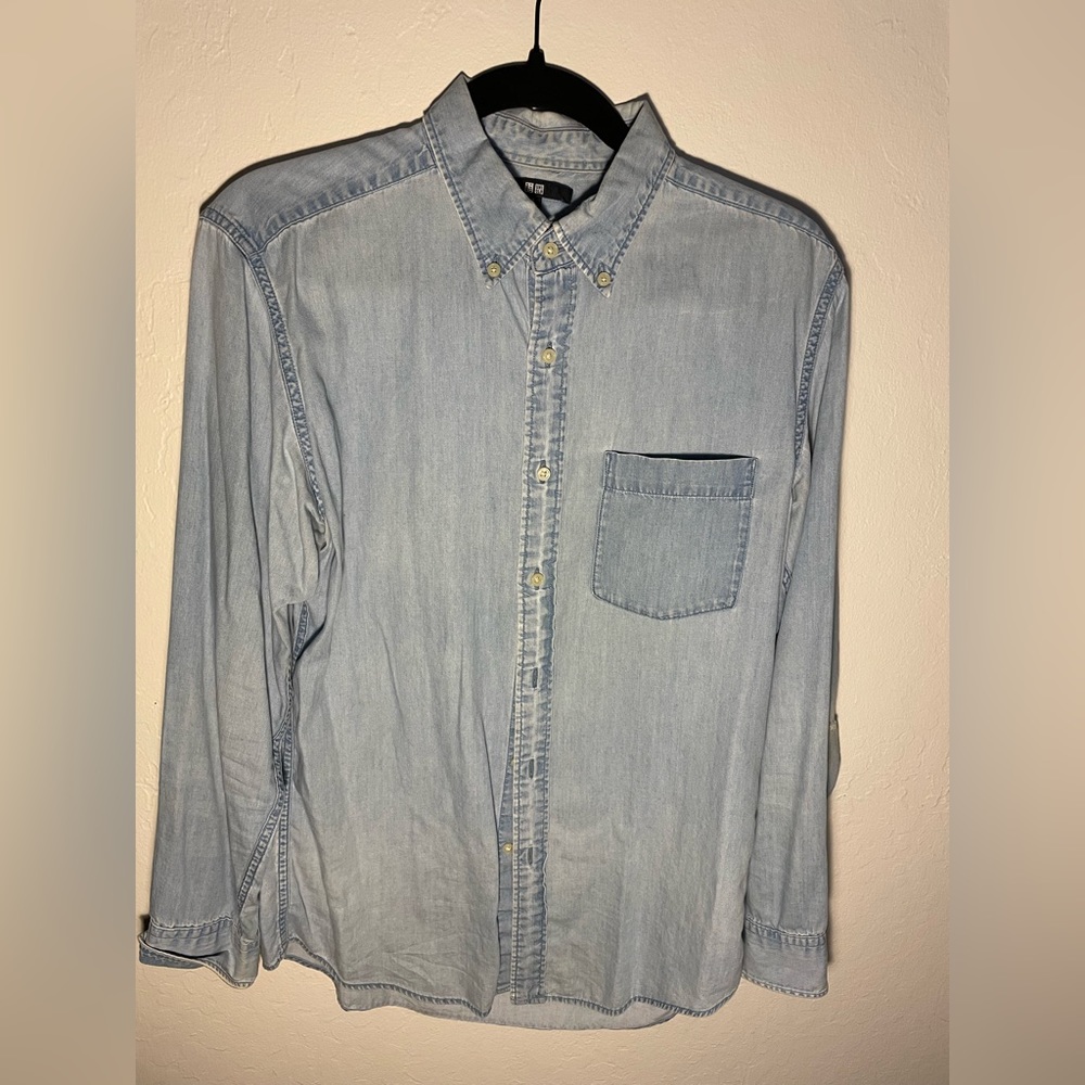Uniqlo, Jeans Button Down Shirt. Distressed. Men’s size M.